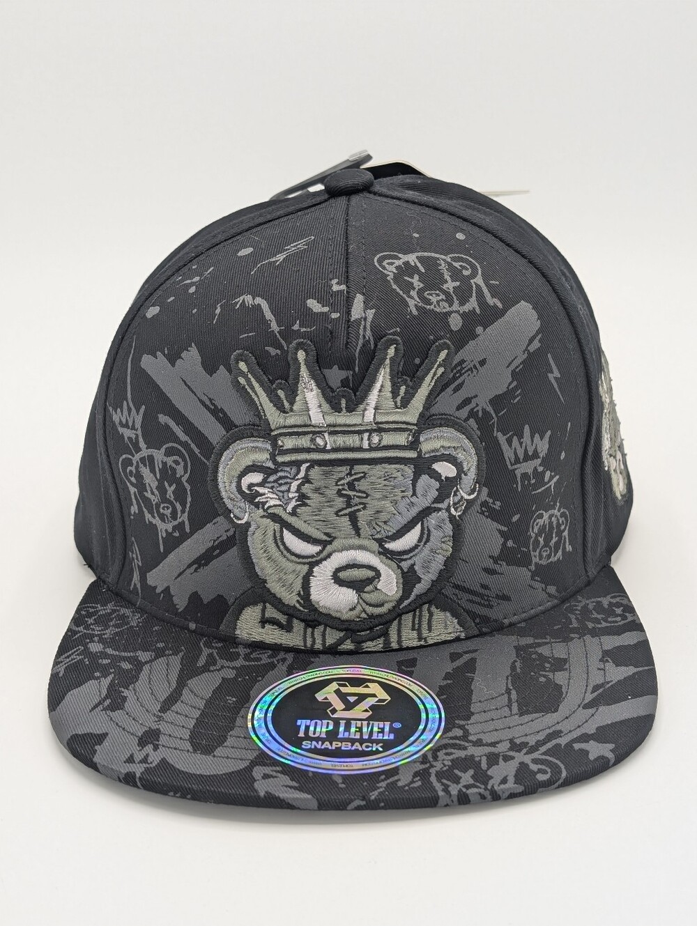 Top Level Men's Black Embroidered Hustle Crown Bear  Graphic Prints Snapback Hat